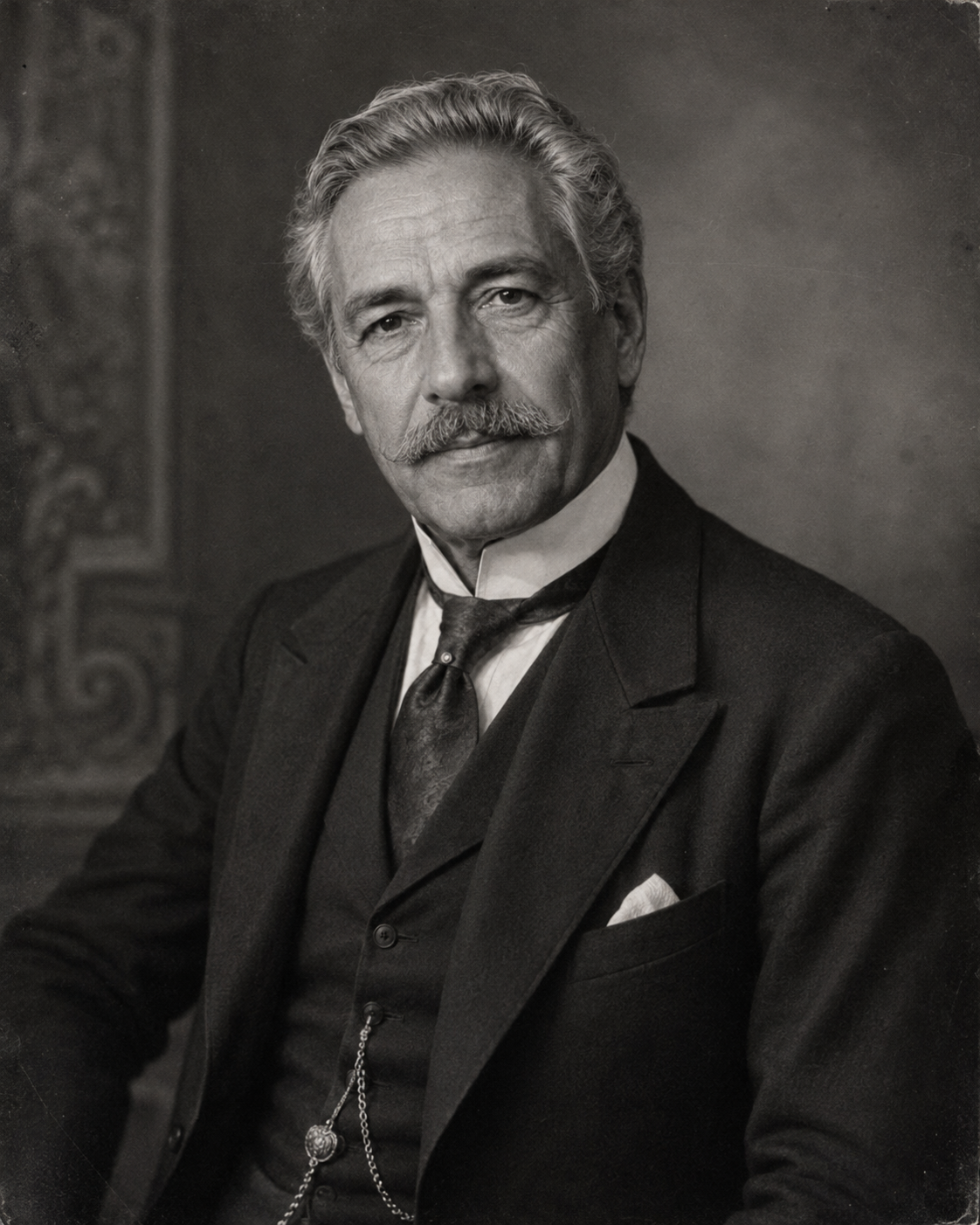 Retrato imaginário, em preto e branco, de um senhor de cabelos grisalhos e bigode, com terno e gravata antigos
